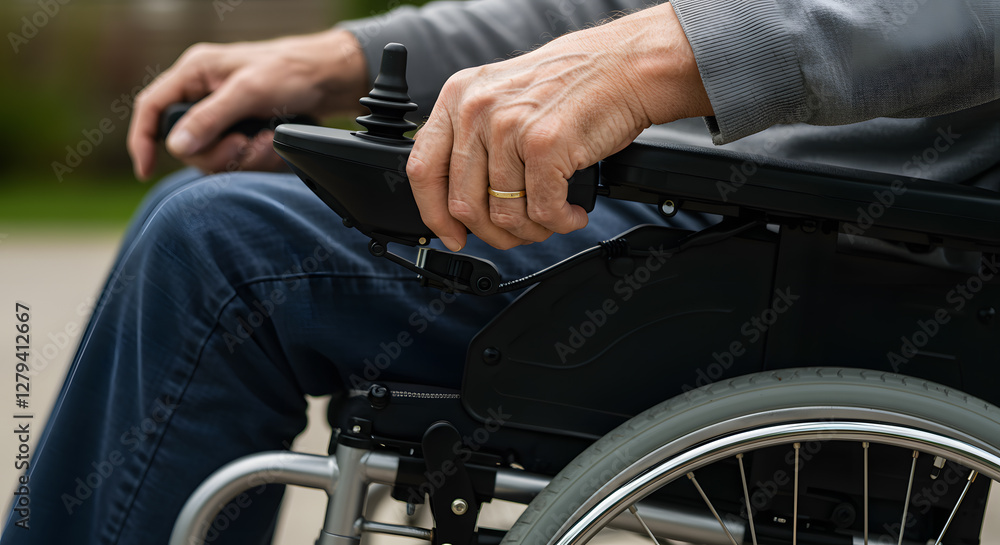 Close-up of elderly hands operating a joystick on a mobility scooter, highlighting accessibility and independence for seniors. Close-up of elderly hands operating a joystick on a mobility scooter, highlighting accessibility and independence for seniors.