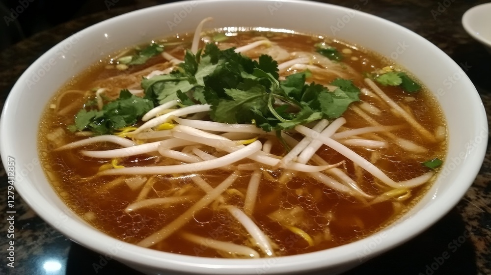 Aromatic Soup Bowl with Fresh Herbs and Bean Sprouts Garnish Aromatic Soup Bowl with Fresh Herbs and Bean Sprouts Garnish