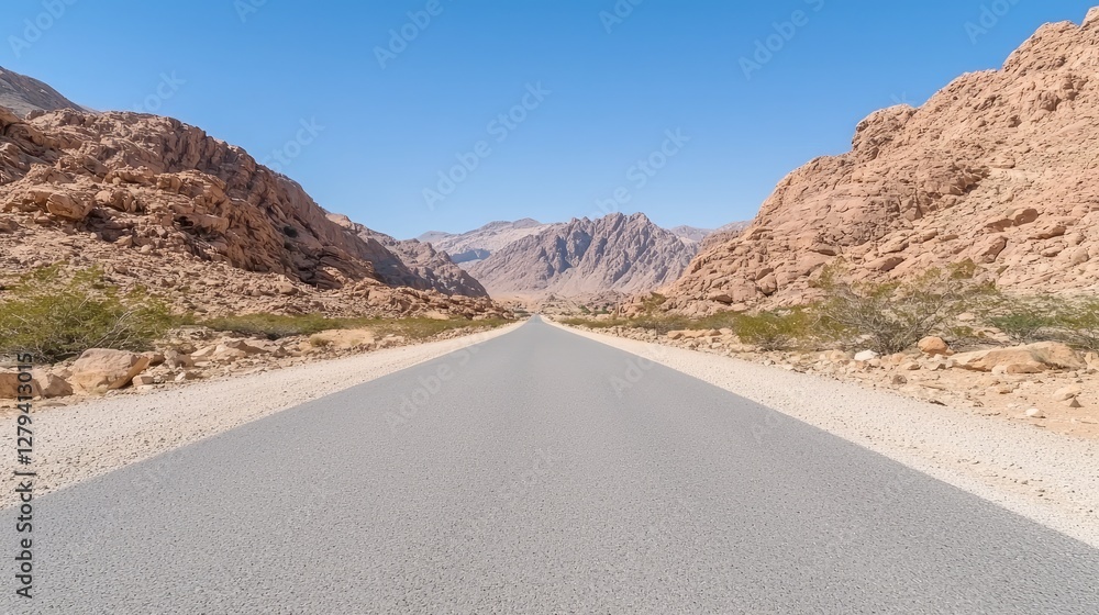 Desert road journey, mountains backdrop, clear sky, travel adventure Desert road journey, mountains backdrop, clear sky, travel adventure