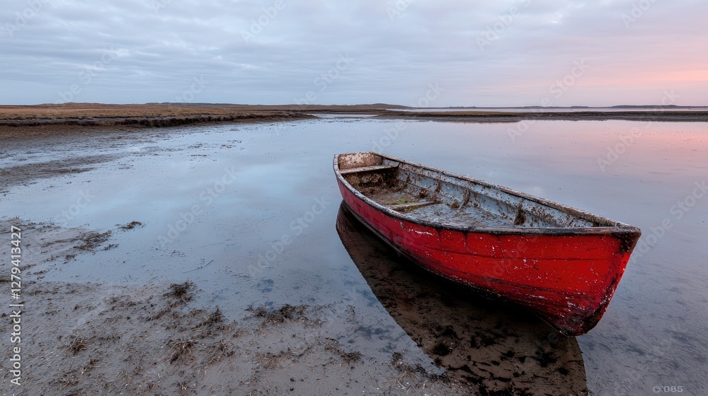 Red boat on calm shore at sunrise Red boat on calm shore at sunrise