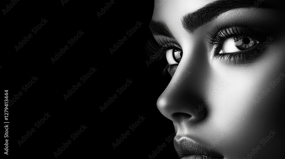 Close-up of a woman's face, in black and white, highlighting her expressive eyes and flawless skin. Close-up of a woman's face, in black and white, highlighting her expressive eyes and flawless skin.