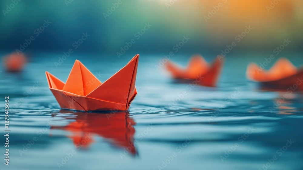 Floating paper boat against a fleet of orange origami calm waters artistic photography serene environment Floating paper boat against a fleet of orange origami calm waters artistic photography serene environment