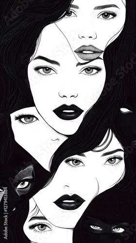 Black and white illustration with women faces