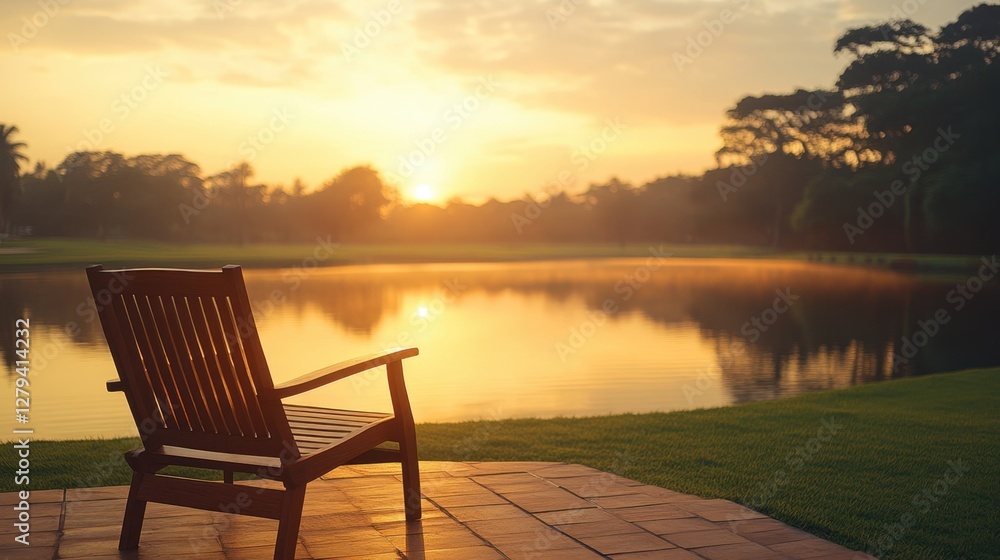 Obraz premium Serene sunset over lake wooden chair on patio nature scene tranquil environment peaceful view