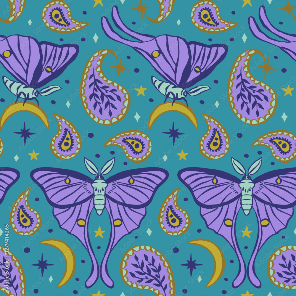 Seamless pattern with celestial luna moth and paisley motif. Stars and moons boho wallpaper. Nocturnal butterfly background. Seamless pattern with celestial luna moth and paisley motif. Stars and moons boho wallpaper. Nocturnal butterfly background.