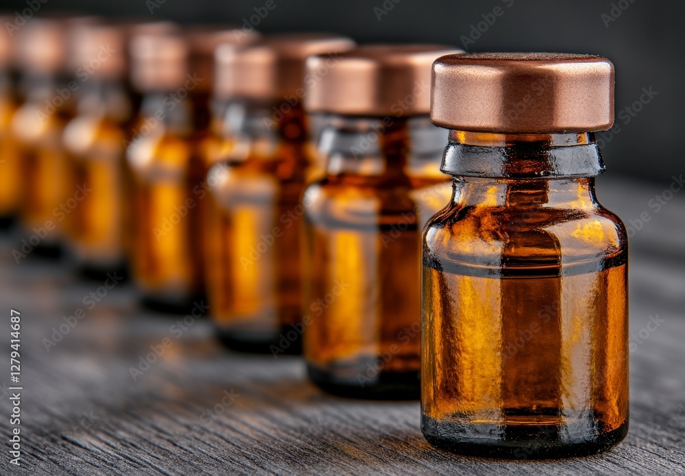 Row of Amber Glass Vials with Copper Caps on Dark Wood Row of Amber Glass Vials with Copper Caps on Dark Wood
