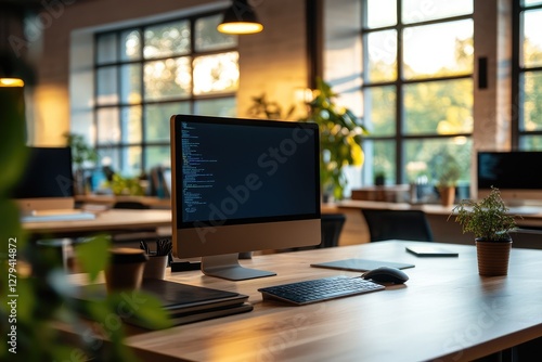 Wallpaper Mural Coworking office interior with computer. AI generated illustration. Torontodigital.ca