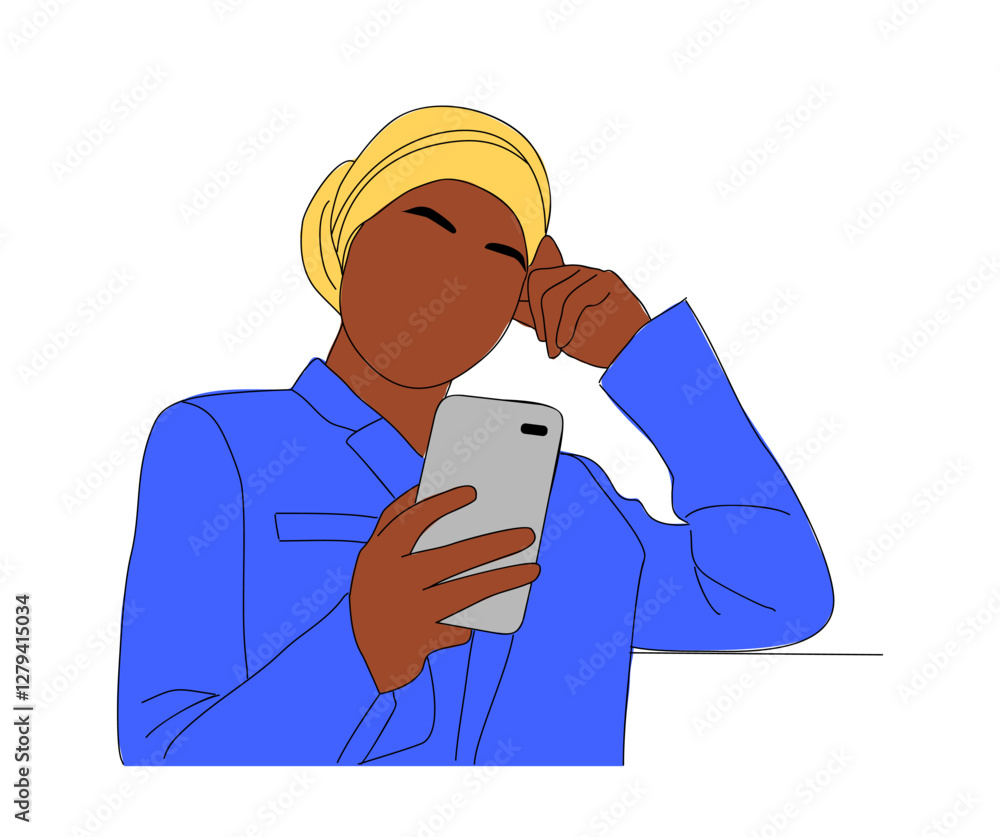 Black woman using mobile phone. Cartoon female Character with smartphone in the hands. African american woman texting, surfing internet, chatting. Vector illustration isolated Black woman using mobile phone. Cartoon female Character with smartphone in the hands. African american woman texting, surfing internet, chatting. Vector illustration isolated