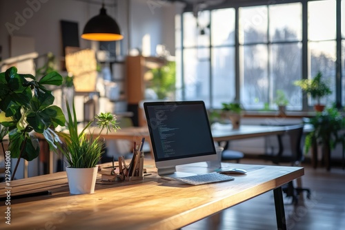 Wallpaper Mural Coworking office interior with computer. AI generated illustration. Torontodigital.ca