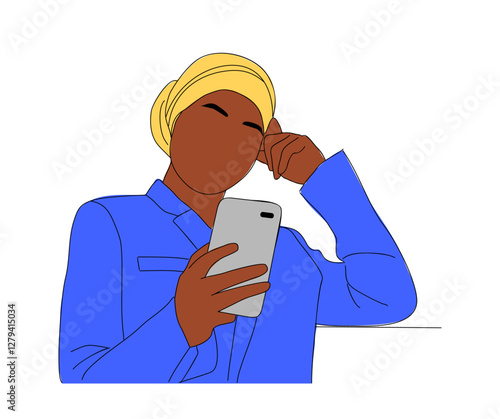 Black woman using mobile phone. Cartoon female Character with smartphone in the hands. African american woman texting, surfing internet, chatting. Vector illustration isolated