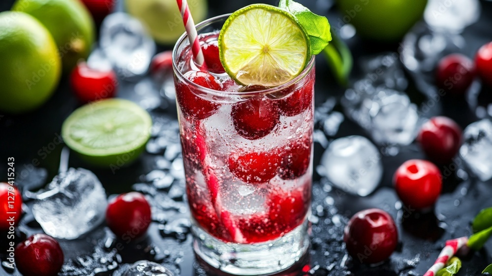 Refreshing Cherry Lime Sparkling Beverage with Ice and Garnish