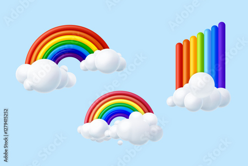 3d rainbow clouds. Render plasticine rainbows clay cloud, spring accessories for kids game or abstract sky background, creative cute arc unicorn element exact vector illustration