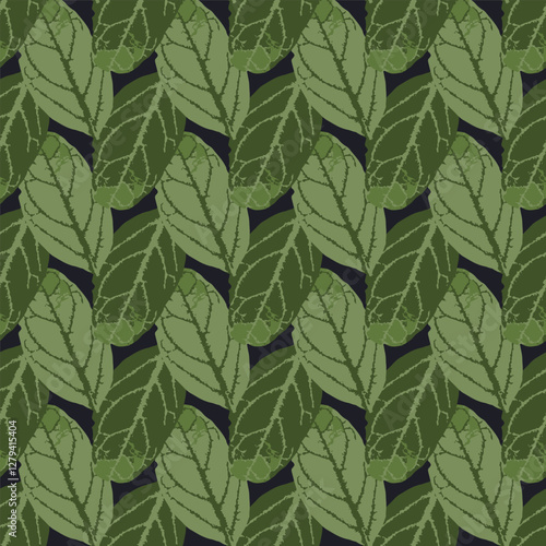 Seamless pattern with dry herbarium leaves on black background. Cottagecore foliage wallpaper. Boho botanical texture. Ecological and natural design.