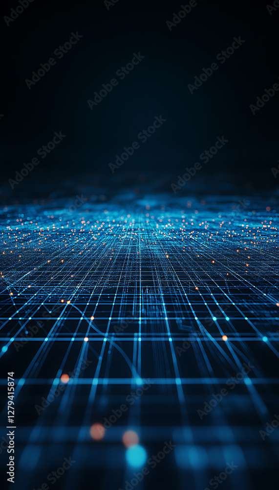 Obraz premium A futuristic abstract background featuring a grid of glowing triangles on a deep blue and black backdrop