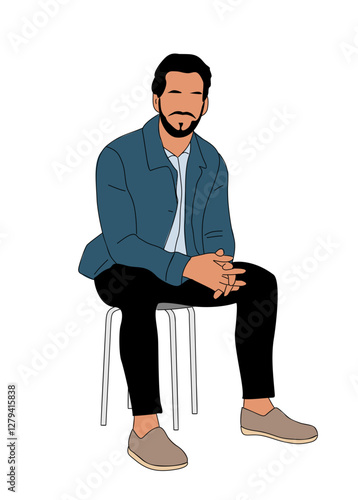 Business man sitting on the chair. Handsome bearded man wearing smart casual office outfit. Male cartoon character. Vector realistic illustration isolated 