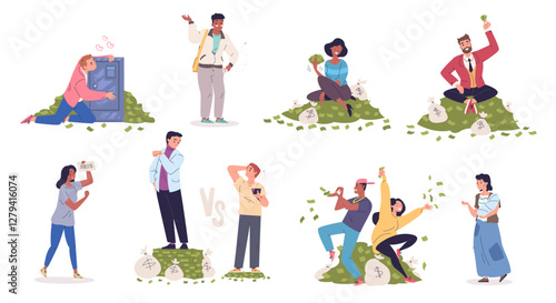 Poor and rich people. Wealthy and poverty concept, cash money save finance income salary difference wage compare millionaire businessman or beggar worker classy vector illustration