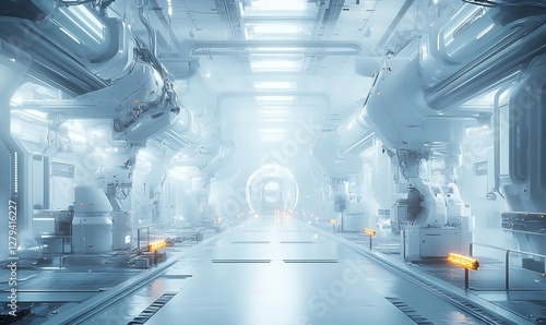 Futuristic Factory with Automated Robots and Advanced Lighting System in Industrial Setting