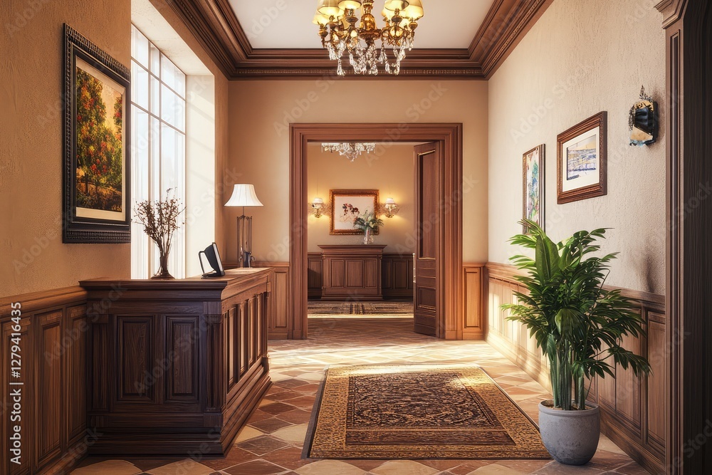 Cozy office corridor with reception table. AI generated illustration. Cozy office corridor with reception table. AI generated illustration.
