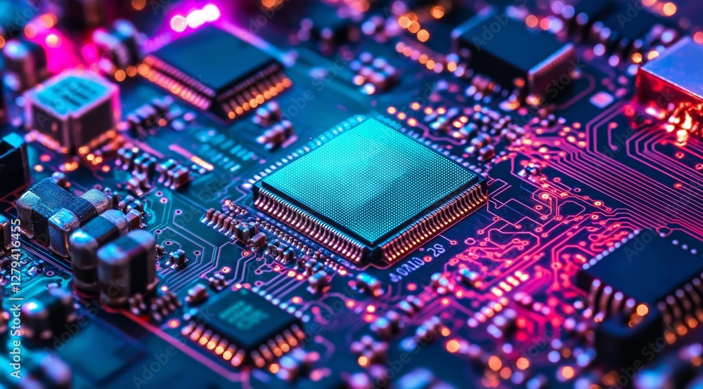 a technological background with a microchip. Futuristic background in neon colors a technological background with a microchip. Futuristic background in neon colors