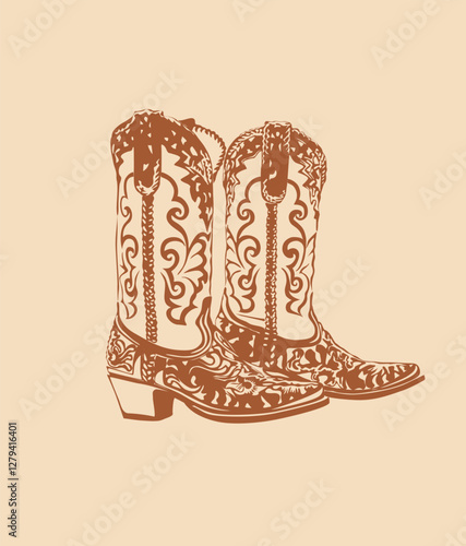 Durango boots, a classic piece of sports gear and fashion accessory, depicted in a detailed drawing on a beige background, showcasing intricate patterns and artistic design.