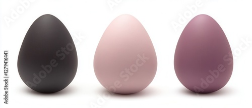 Three distinct egg-shaped objects in vibrant colors are displayed in a horizontal arrangement, showcasing their unique hues and shapes.