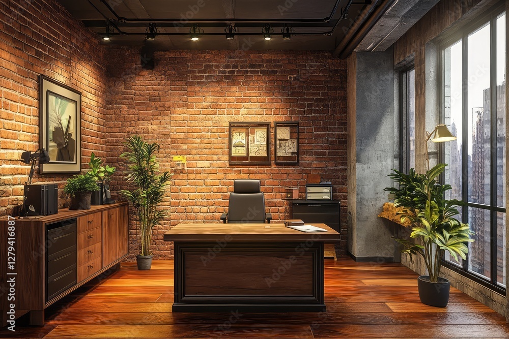 Cozy office corridor with reception table. AI generated illustration. Cozy office corridor with reception table. AI generated illustration.