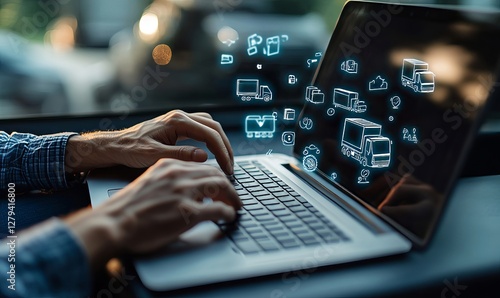 Concept of seamless logistics & supply chain management, businessman holding digital icons depicting transportation, warehousing, distribution processes while working on a laptop