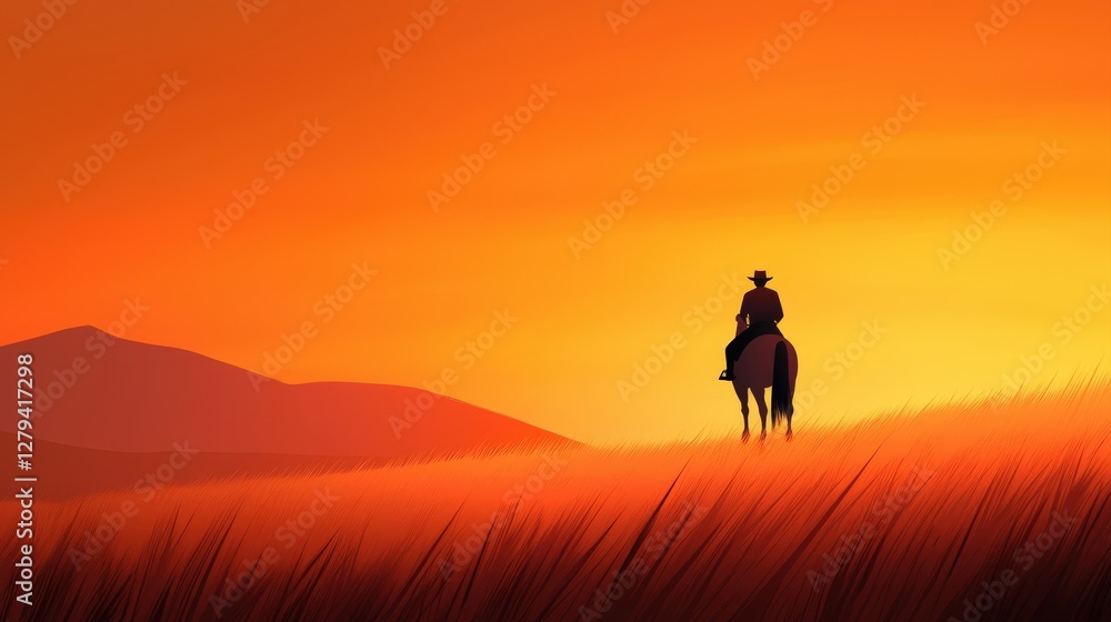 Fototapeta premium A silhouetted rider on horseback stands against a vibrant sunset, creating a serene and dramatic landscape.