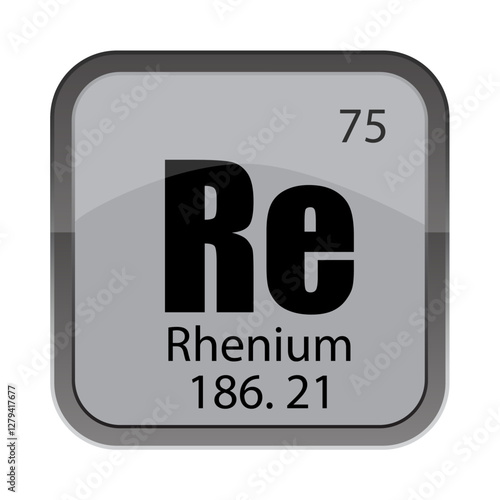 Seventy five 75. Rhenium 186.21 block. Re atomic sign. Vector gray tile.