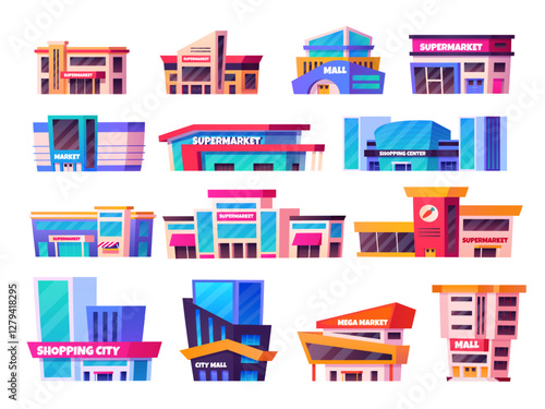 Cartoon mall buildings. Shopping centers, supermarket building outside exterior big hypermarket store retail shop super market modern build outlet set swanky vector illustration
