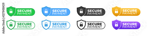 Secure Payment Label, Badge, Sticker, Stamp, Imprint, Seal Template with shield with lock icon on isolated white background suitable for security of transaction or transfer. Vector Illustration.