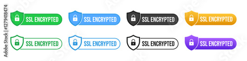 SSL Encrypted Label, Badge, Sticker, Stamp, Imprint, Seal Template of shield with lock icon suitable for secured data transmission of sensitive data over internet. Vector Illustration.
