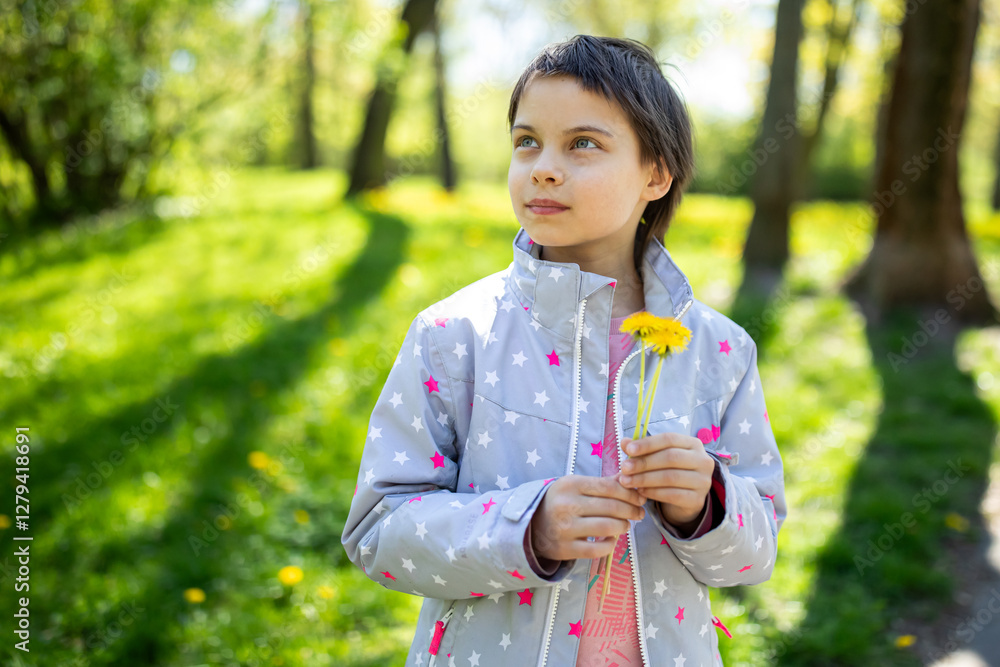 Portrait of little adorable girl walking in park