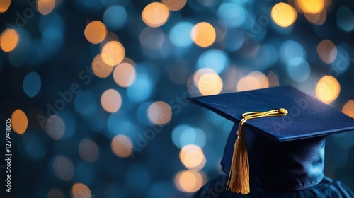 A graduation cap with yellow tassel on a blurred lighting background with copy space for academic achievement and success.