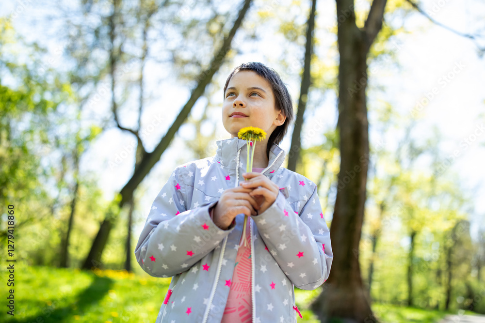 Portrait of little adorable girl walking in park