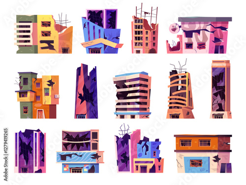 Cartoon ruined buildings. Broken houses, abandoned demolition building debris construction city apocalyptic collapse apartment damaged earthquake or war, swanky vector illustration