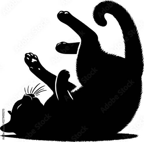 Silhouette of a playful cat lying on its back and raising its paws upwards, on a transparent background