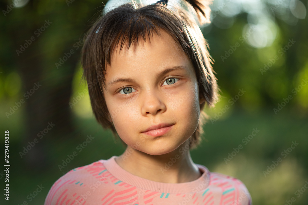 Portrait of little adorable girl walking in park