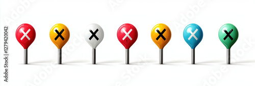 Location Markers: A collection of colorful location markers or map pins arranged in a row. Each marker features a bold "X" symbol, denoting a specific place or point of interest on a map. 