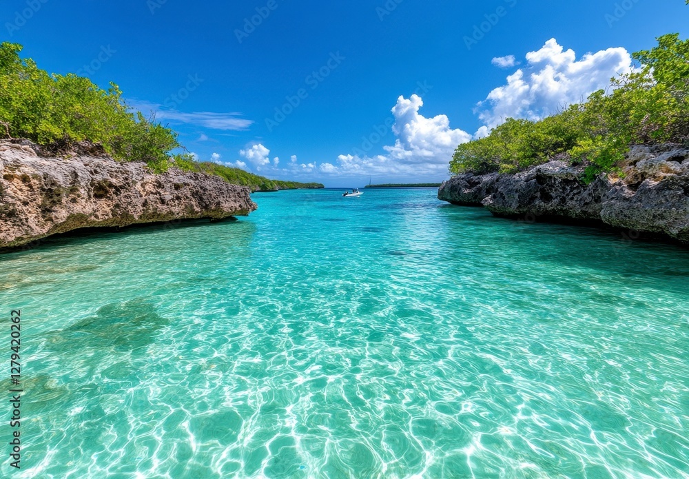 Fototapeta premium Tranquil Turquoise Water Channel Between Rocky Shores Under Sunny Sky