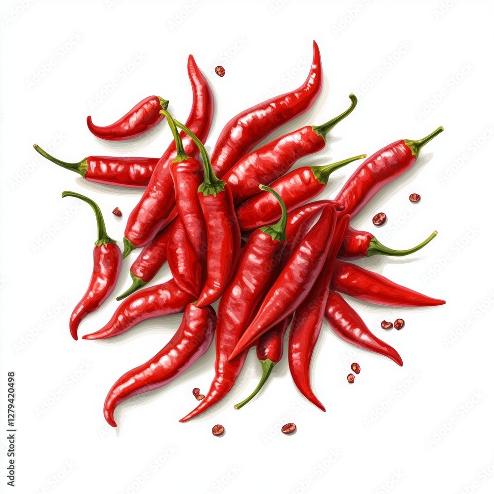 Pile of red chili peppers on white background with scattered seeds Pile of red chili peppers on white background with scattered seeds