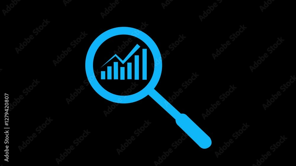 Business growth graph concept with magnifying glass animation on a white background. Animated magnifying glass focuses on financial growth graph with black background. Business growth graph concept with magnifying glass animation on a white background. Animated magnifying glass focuses on financial growth graph with black background.