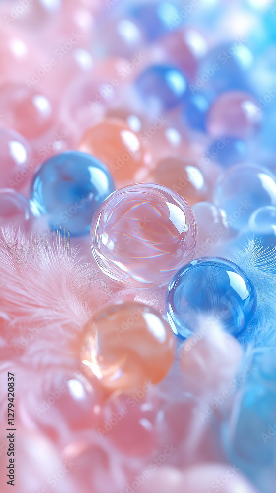 Colorful glass bubbles on soft feathers create dreamy atmosphere Colorful glass bubbles on soft feathers create dreamy atmosphere