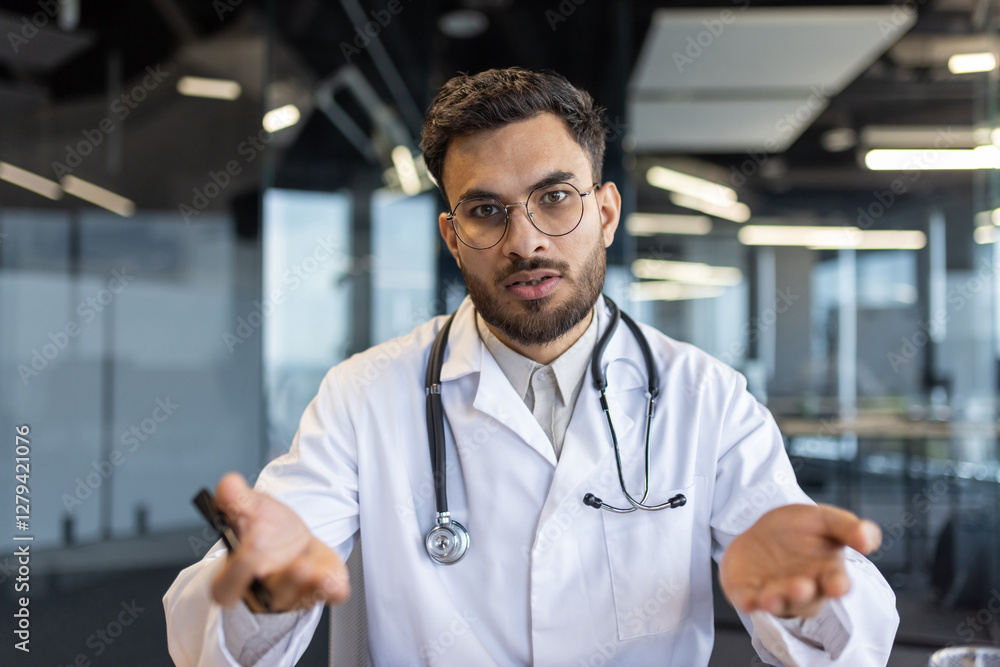 Doctor talking to camera during an online video call. Telehealth and telemedicine are modern means for doctor-patient interaction from remote locations Doctor talking to camera during an online video call. Telehealth and telemedicine are modern means for doctor-patient interaction from remote locations