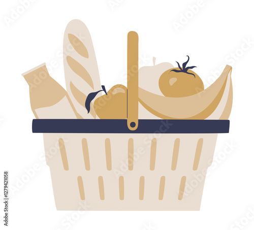 Grocery Basket With Fresh Food In Flat Vector Illustration Symbolizing Healthy Eating, Market Shopping, And Nutrition, Isolated On White Background