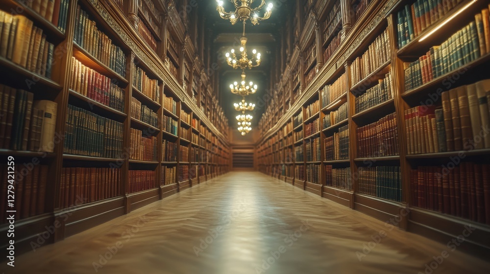 Ancient library hall featuring long rows of wooden bookshelves filled with dust-covered volumes, softly illuminated by vintage chandeliers. The atmosphere is reminiscent of a bygone era Ancient library hall featuring long rows of wooden bookshelves filled with dust-covered volumes, softly illuminated by vintage chandeliers. The atmosphere is reminiscent of a bygone era