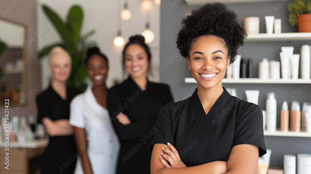 An enthusiastic team of beauty specialists in black uniforms, working together in a trendy salon. The chic interior of the salon enhances the teamâs professionalism and sets the to An enthusiastic team of beauty specialists in black uniforms, working together in a trendy salon. The chic interior of the salon enhances the teamâs professionalism and sets the to