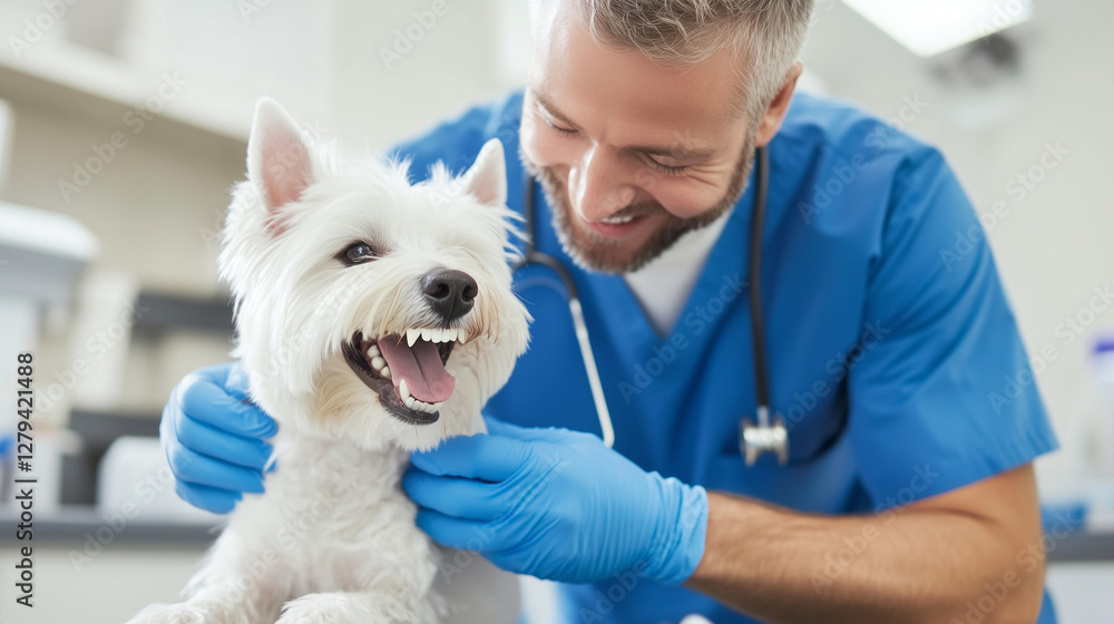 skilled male vet in blue scrubs carefully examines the teeth of a West Highland White Terrier dog in a veterinary clinic, wearing protective blue gloves during the dental checkup.m skilled male vet in blue scrubs carefully examines the teeth of a West Highland White Terrier dog in a veterinary clinic, wearing protective blue gloves during the dental checkup.m