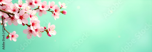 A pink sakura branch with delicate petals on the left in the picture against a cold green background. Early spring blossom panoramic background, banner, greeting with copy space on the right