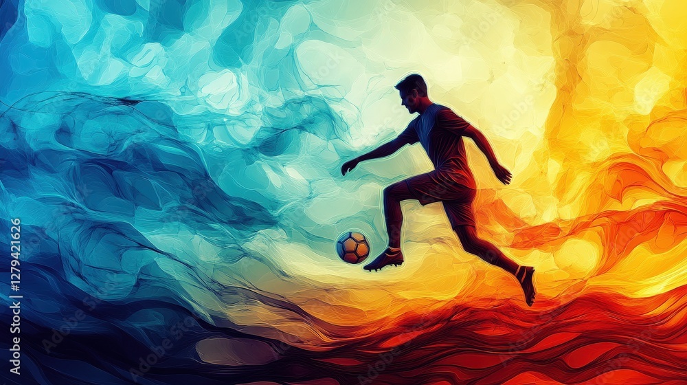The silhouette of a football player kicking a ball, set against an abstract background with fluid, swirling patterns in bright, contrasting colors. The silhouette of a football player kicking a ball, set against an abstract background with fluid, swirling patterns in bright, contrasting colors.